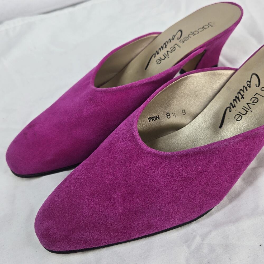 Vintage Jacques Levine Couture Suede Mules Fuchsia Pink Kitten Heels 8.5 B - Picture 3 of 11